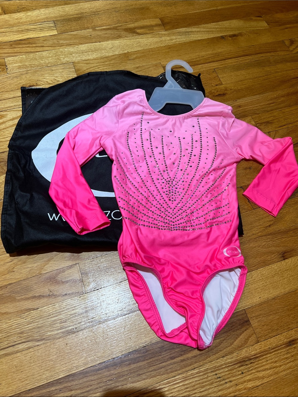 New Girls' Hot Pink Long-Sleeve Gymnastics Leotard with Rhinestone Detail